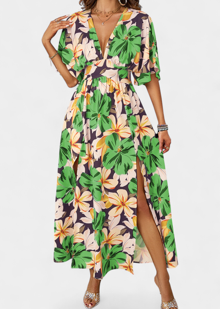 Elena | Vestido ancho con estampado floral y escote cruzado