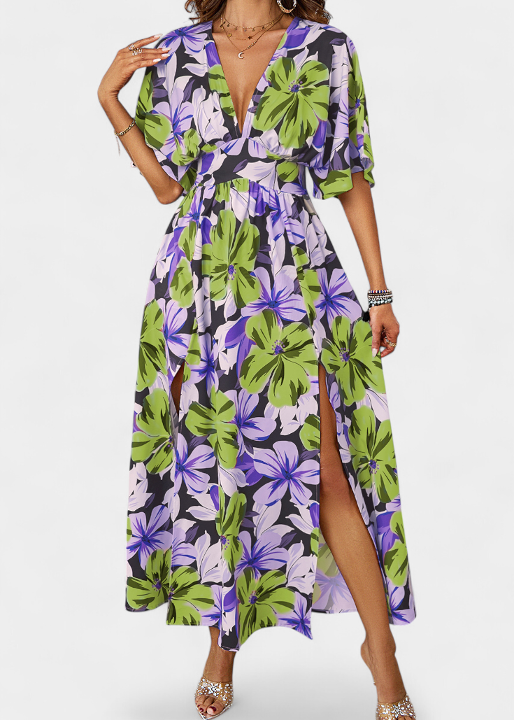 Elena | Vestido ancho con estampado floral y escote cruzado