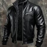 Hernando - Chaqueta de cuero negro cálido forrada con sherpa