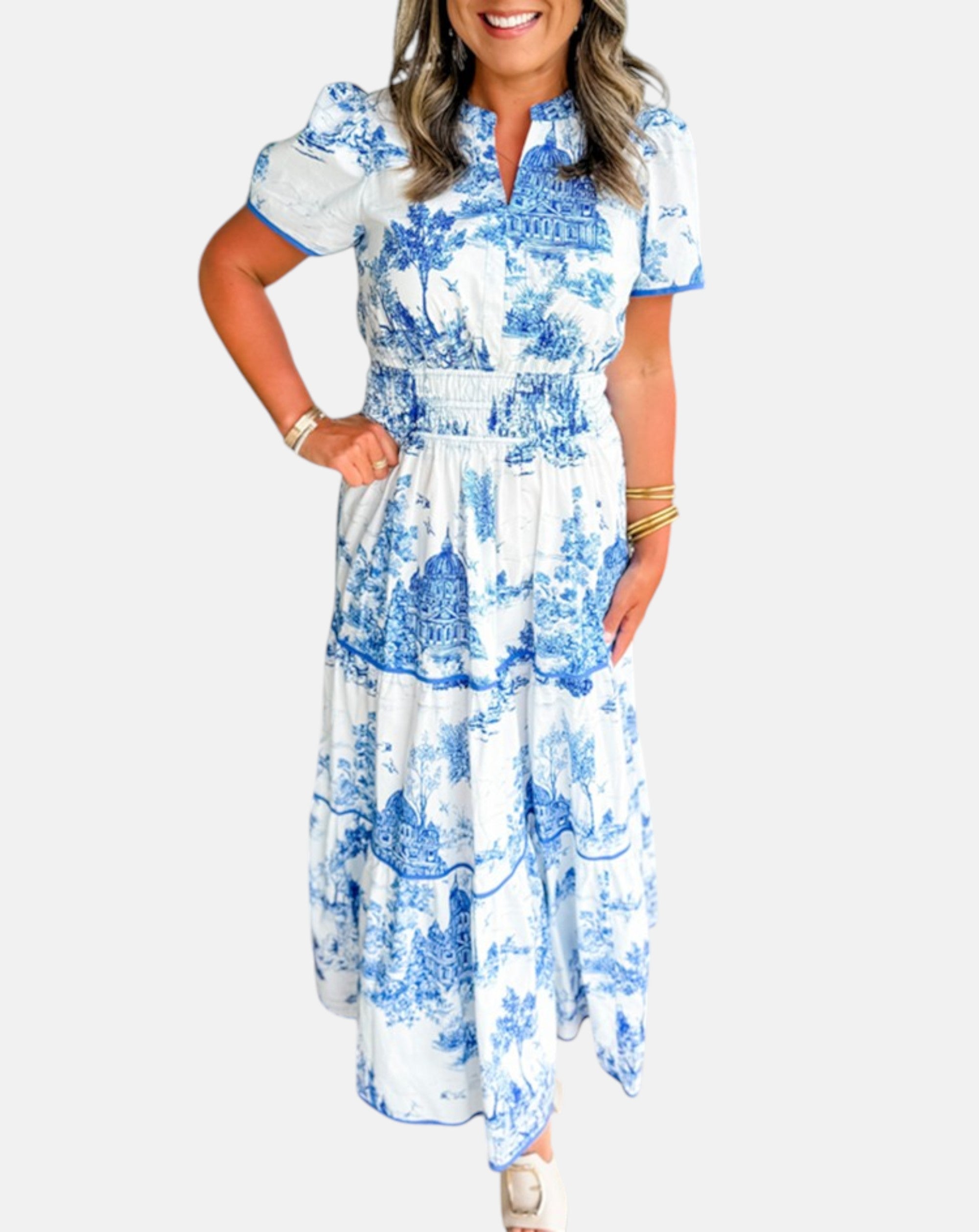 ALEJANDRA | VESTIDO CLÁSICO ANCHO CON ESTAMPADO TOILE